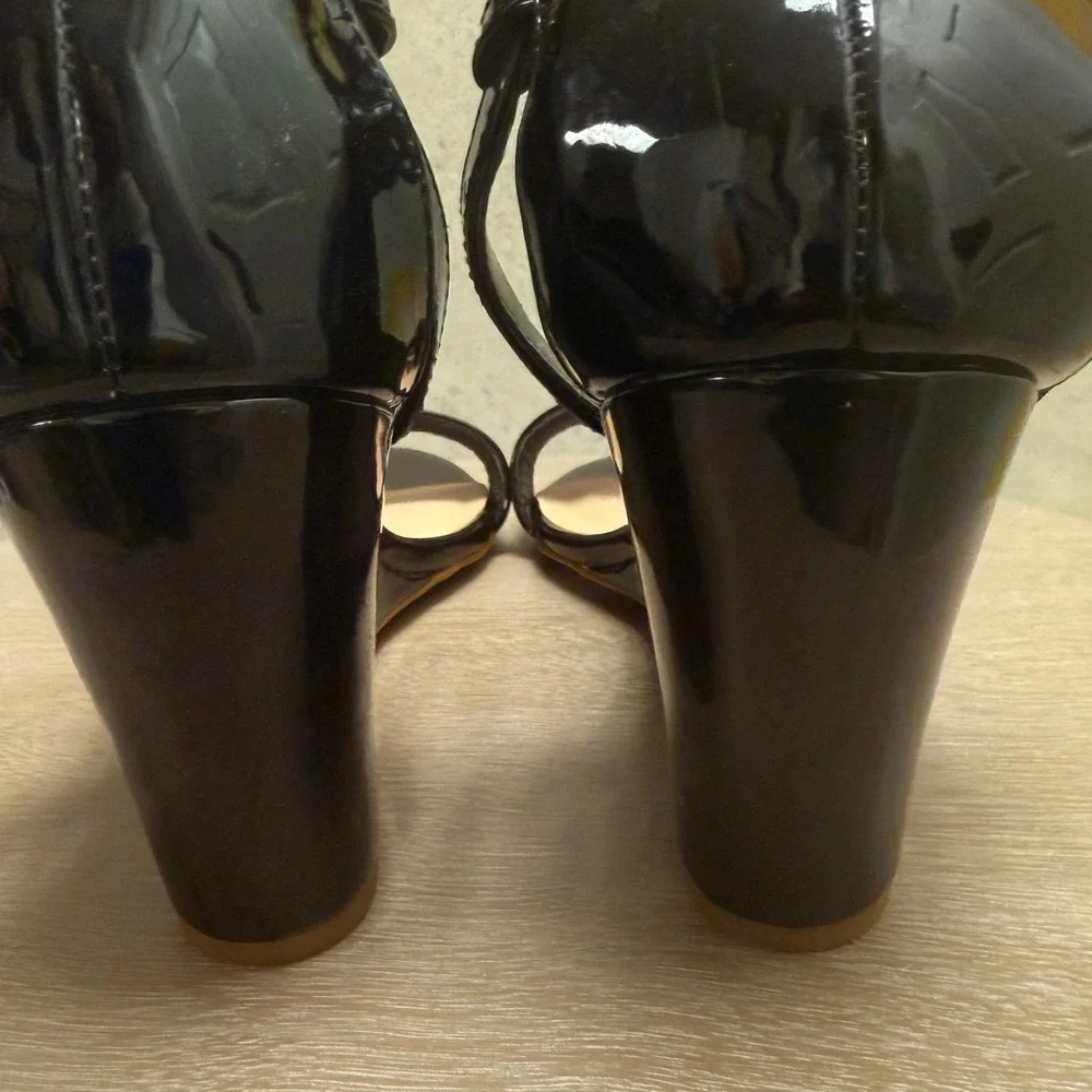 Kelly & Katie 10 Womens Black Classic Patent Wedge Double Ankle Strap Sandal